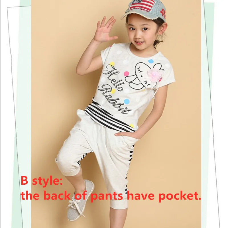 5-14T Girl Summer 2023 New Children Clothing Set Cotton Cartoon Letter Girls Clothes Casual Short-Sleeve Suit