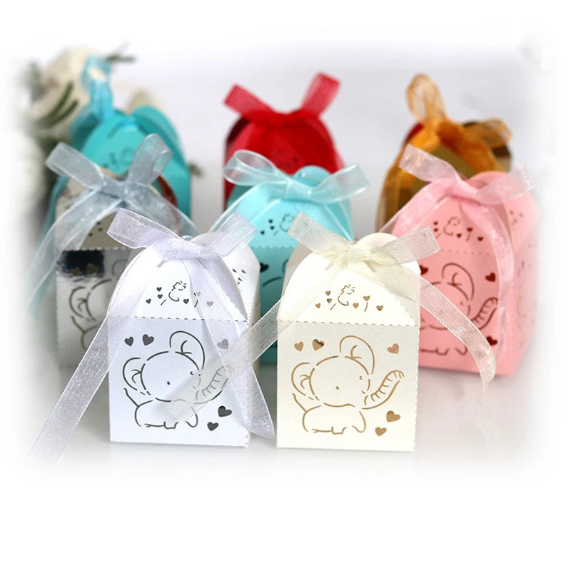 10/50/100pcs Elephant Laser Cut Carriage Favors Box Gifts Candy Boxes With Ribbon Baby Shower Wedding Birthday Party Supplies