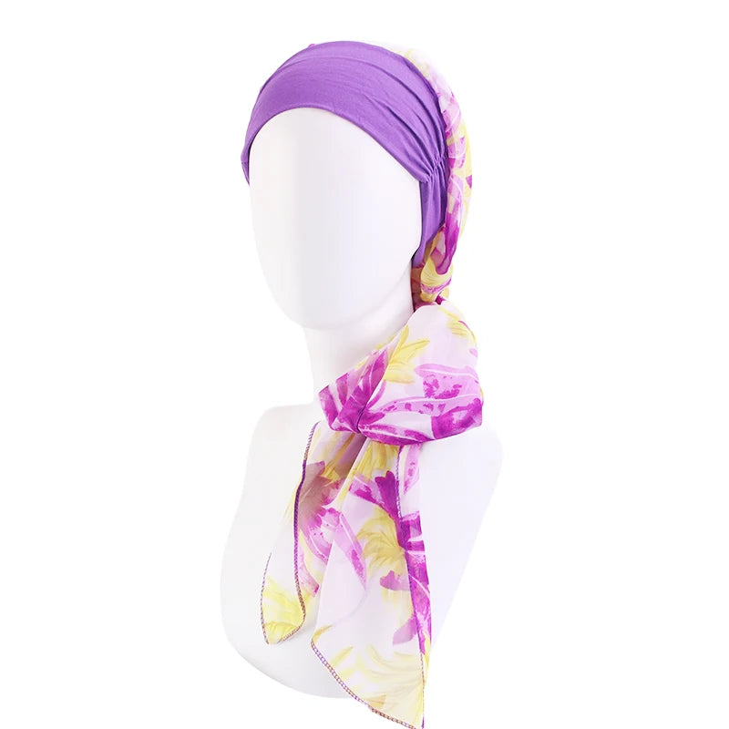 Women Bandana Muslim Headwear Turbans Long Ribbon Head Scarf Head wraps Cancer Chemo Hats Pre-Tied Hair accessories for Women