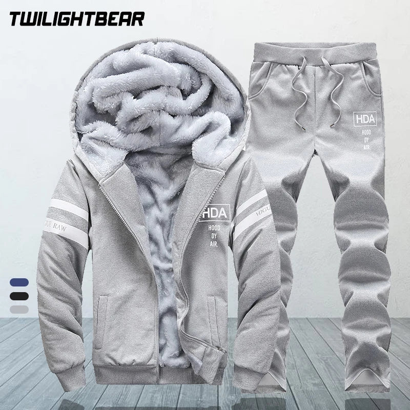 Winter Tracksuits Men's Sweat Suit Hooded Thicken Fleece Hoodies+Sweatpant Letter Print Men Casual Clothing Set H3F208