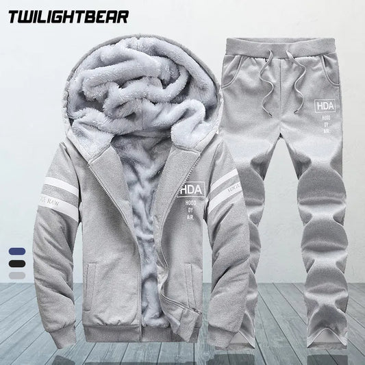 Winter Tracksuits Men's Sweat Suit Hooded Thicken Fleece Hoodies+Sweatpant Letter Print Men Casual Clothing Set H3F208