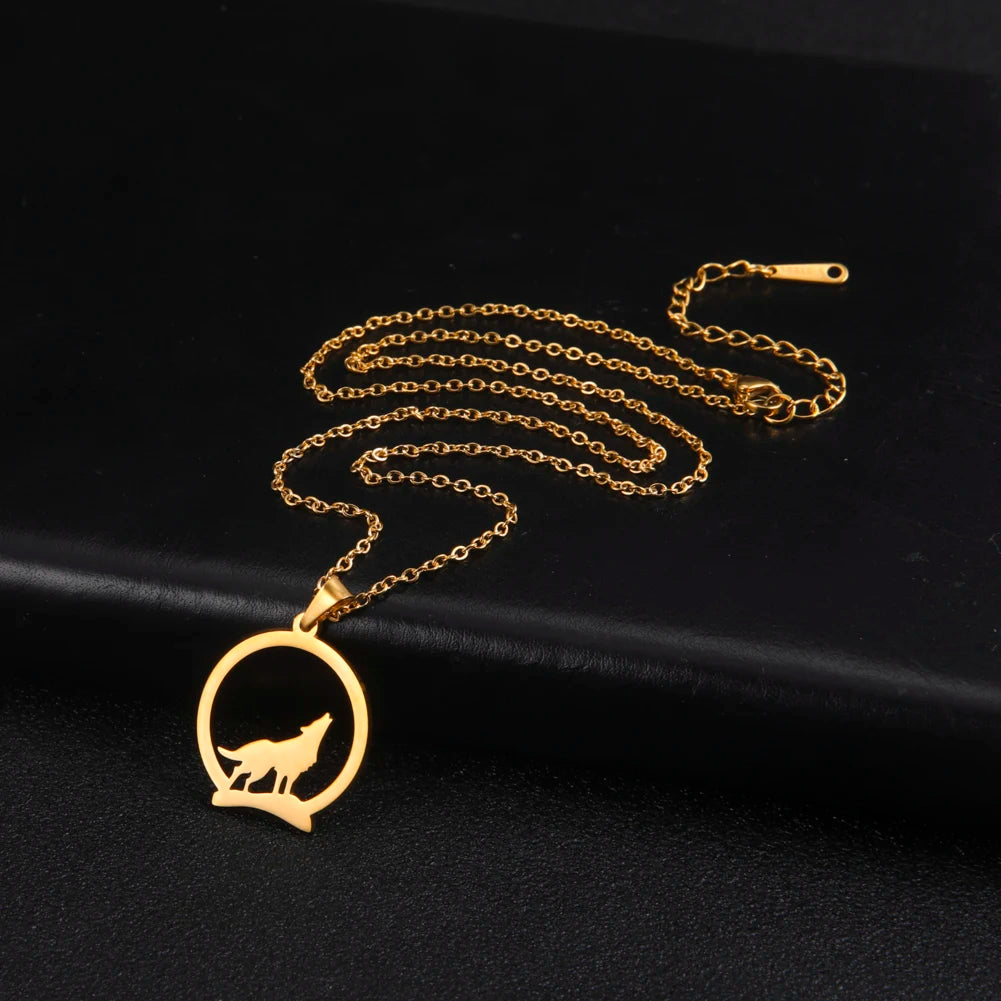 Skyrim Howling Wolf Pendant Necklace Women Men Casual Punk Stainless Steel Gold Color Animal Neck Chain Jewelry Gift Wholesale