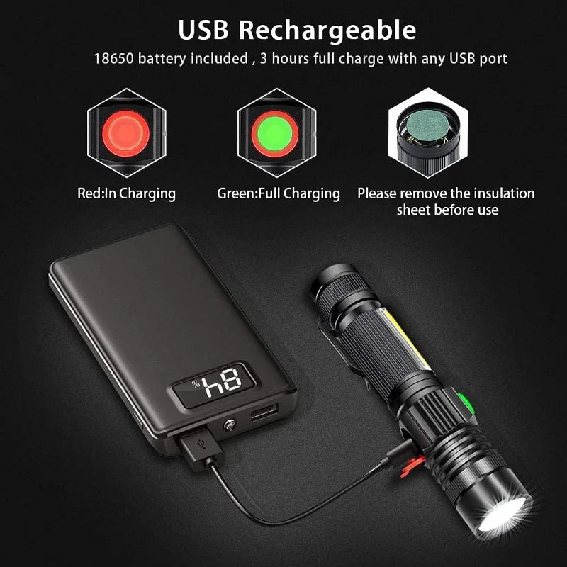 Super bright USB Rechargeable Flashlight Super Bright Magnetic LED Torch with Cob Sidelight a pocket clip Zoomable for Camping