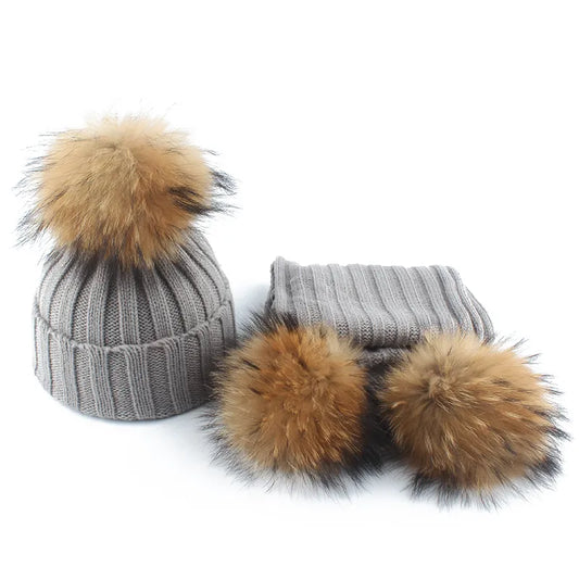 2023 Fashion Children Winter Real Fur Pompom Beanie Hat Scarf Warm Knitted Baby Hats For Kids Girls Boys Pom pom Cap