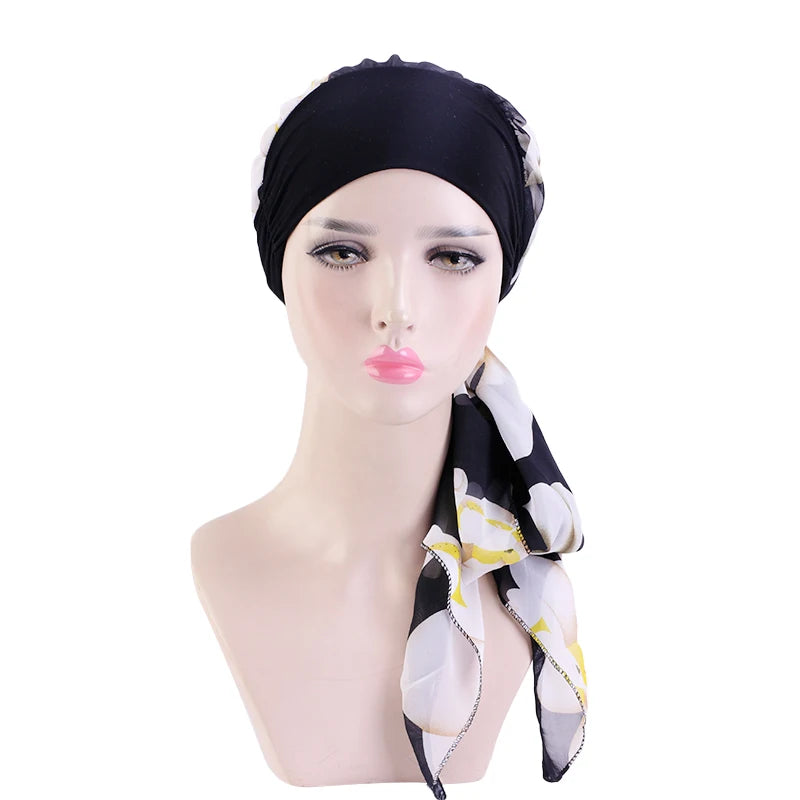 Women Bandana Muslim Headwear Turbans Long Ribbon Head Scarf Head wraps Cancer Chemo Hats Pre-Tied Hair accessories for Women