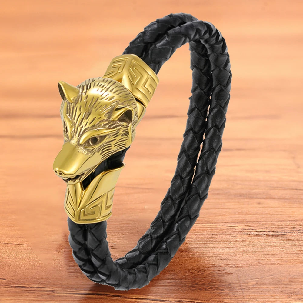 TYO Fashion Cool Charm Animal  Men Bracelet Wolf Braided Rope Rock Punk Stainless Steel Jewelry Accesoories Bangles