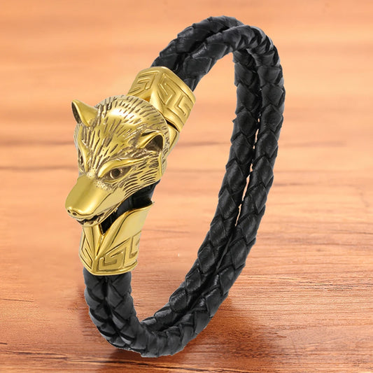 TYO Fashion Cool Charm Animal  Men Bracelet Wolf Braided Rope Rock Punk Stainless Steel Jewelry Accesoories Bangles