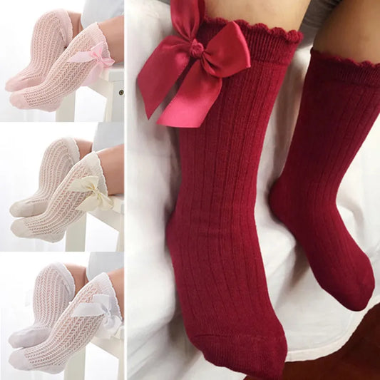 New Kids Socks Toddlers Girls Big Bow Knee High Long Soft Cotton Lace baby Socks Kids Solid Colour Cute Bow Girls Socks