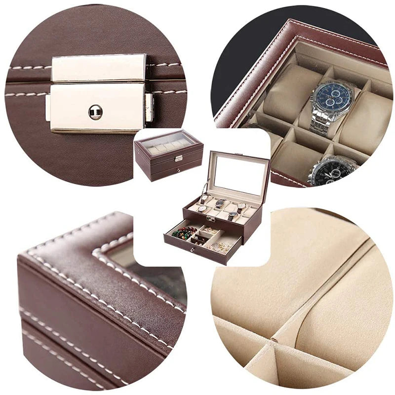 12 Slots Watch Box Mens Watch Organizer PU Leather Case with Jewelry Drawer for Storage and Display