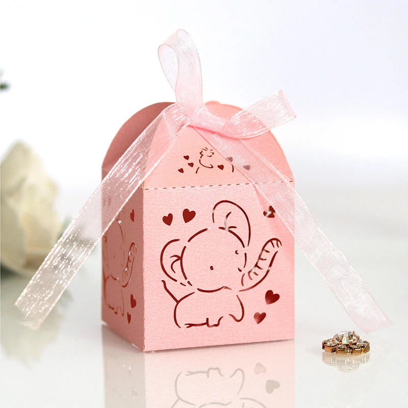 10/50/100pcs Elephant Laser Cut Carriage Favors Box Gifts Candy Boxes With Ribbon Baby Shower Wedding Birthday Party Supplies