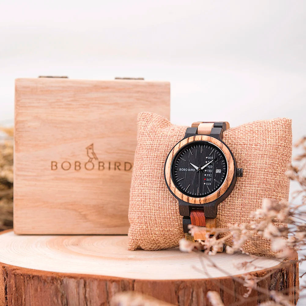 BOBO BIRD Couple Watch Colorful Wooden Strap Watch for Women Week Date Display Quartz Personalized Wood Wristwatch for Men Women