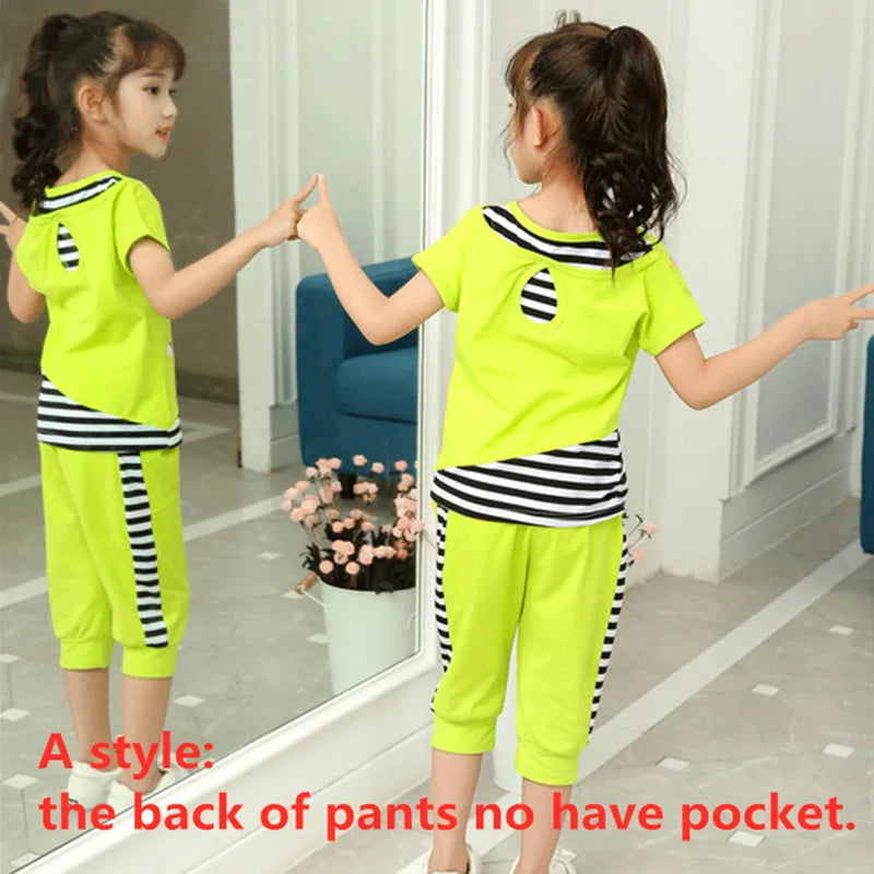 5-14T Girl Summer 2023 New Children Clothing Set Cotton Cartoon Letter Girls Clothes Casual Short-Sleeve Suit