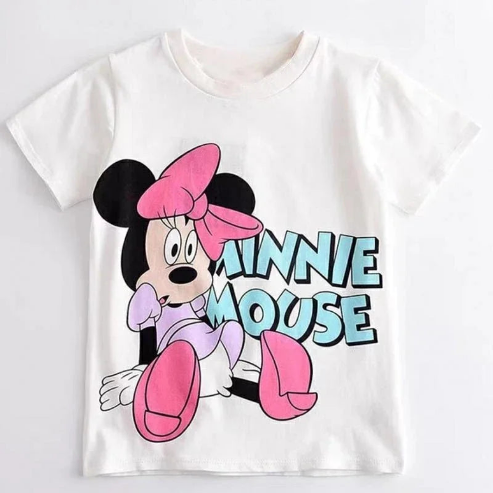 Minnie Printing T-shirt Babies Girls O-neck Bottoming Shirt Fashion Simple Cute Short Sleeve Tops Child Cartoon Clothes