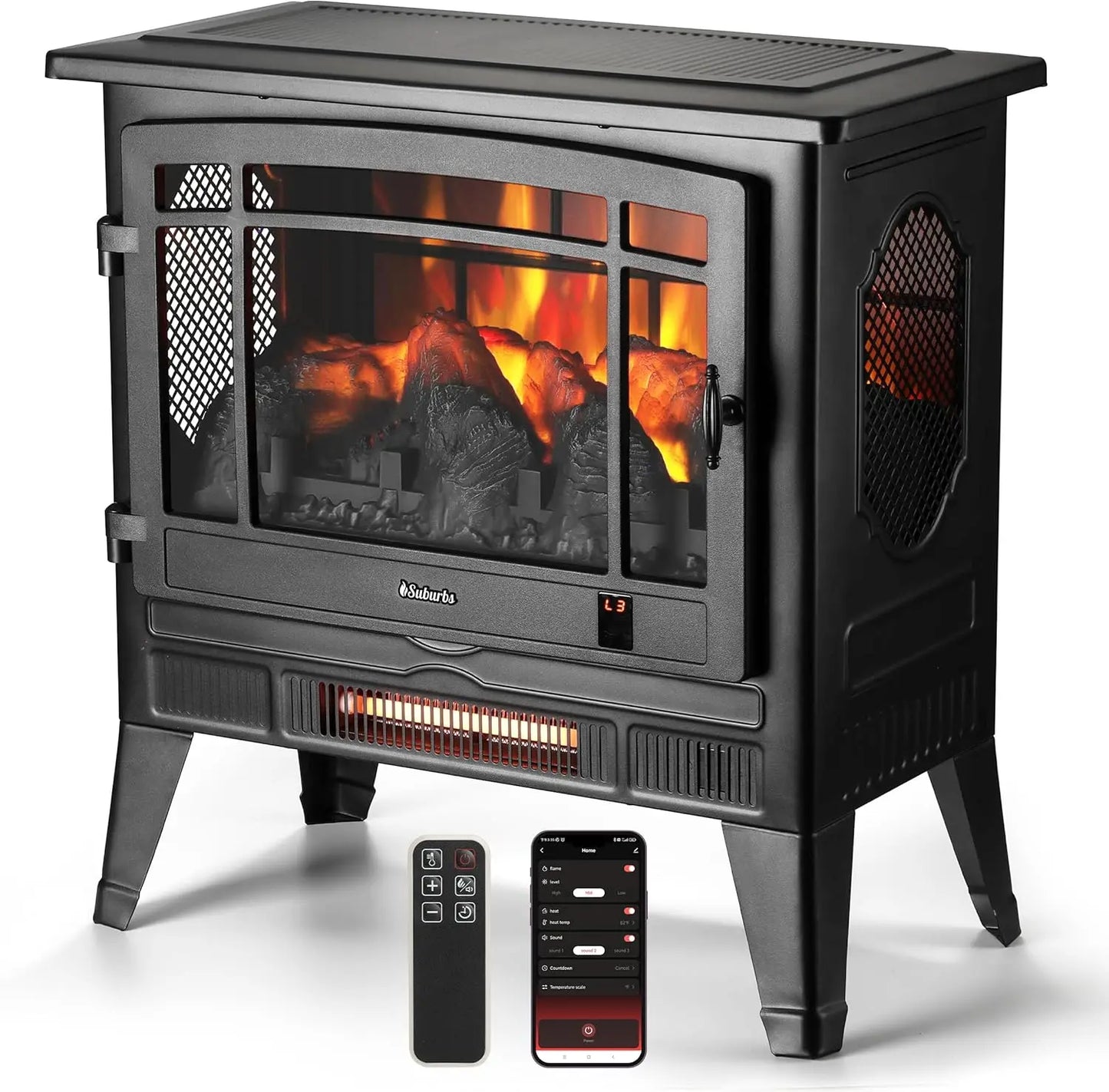 25" WiFi Electric Fireplace Infrared Heater with Crackling Sound Freestanding Fireplace Stove with Adjustable Flame Effects