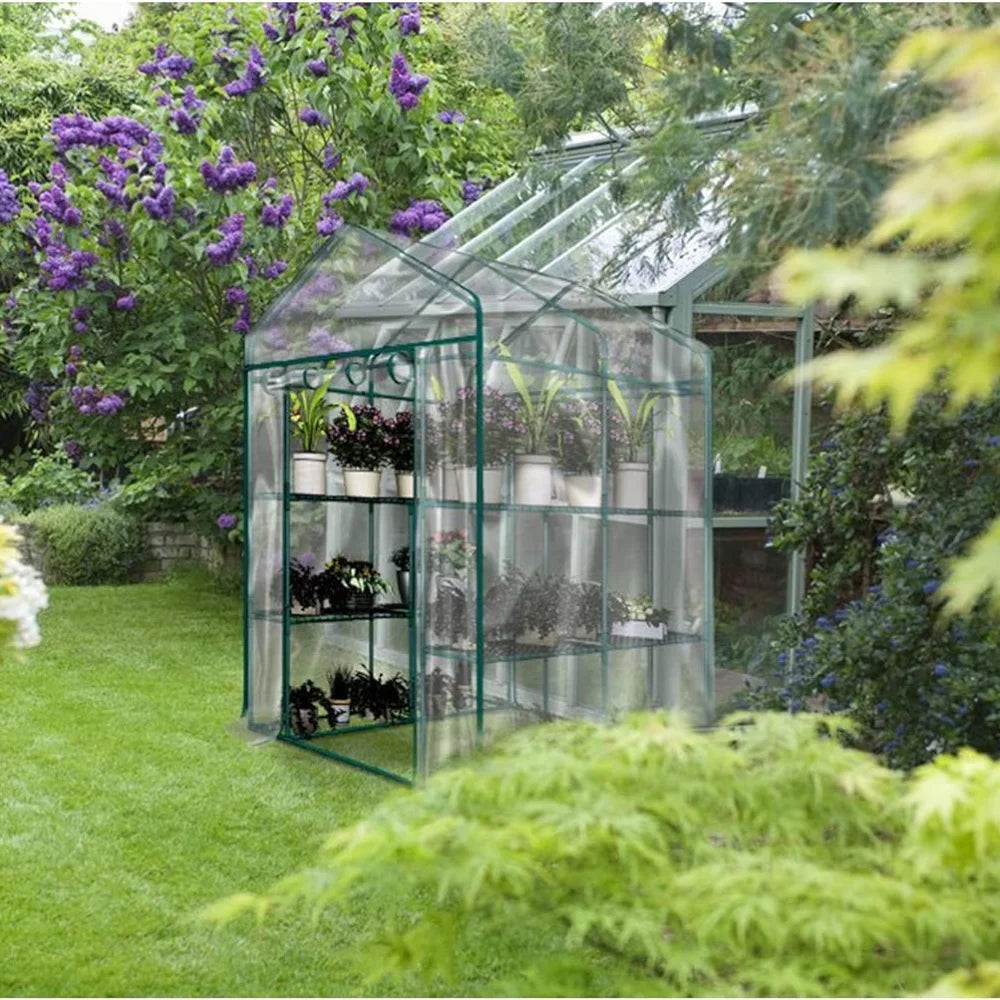 Greenhouse - Walk in Greenhouse with 8 Sturdy Shelves and PVC Cover for Indoor or Outdoor Use - 56 x 56 x 76-Inch Green House