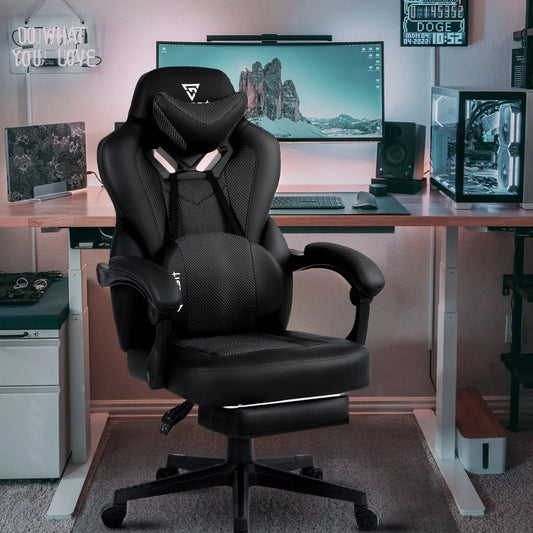 2024 New Gaming Chair with Footrest, Mesh Gaming Chair for Heavy People, Ergonomic Reclining Gamer Computer Chair