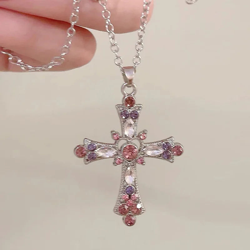 Y2K Zircon Cross Necklace Pink Purple Love Heart Cross Pendant Necklaces for Women Gothic Jewelry Party Girls Accessories 2023