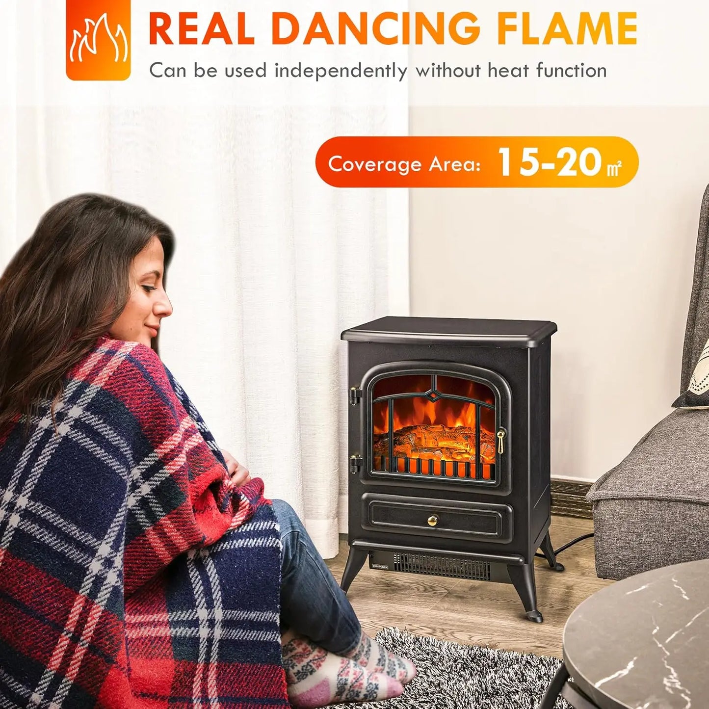 22" Electric Fireplace Heater Freestanding Fire Place Stove with Realistic LED Flames and Logs and Overheating Protection Black