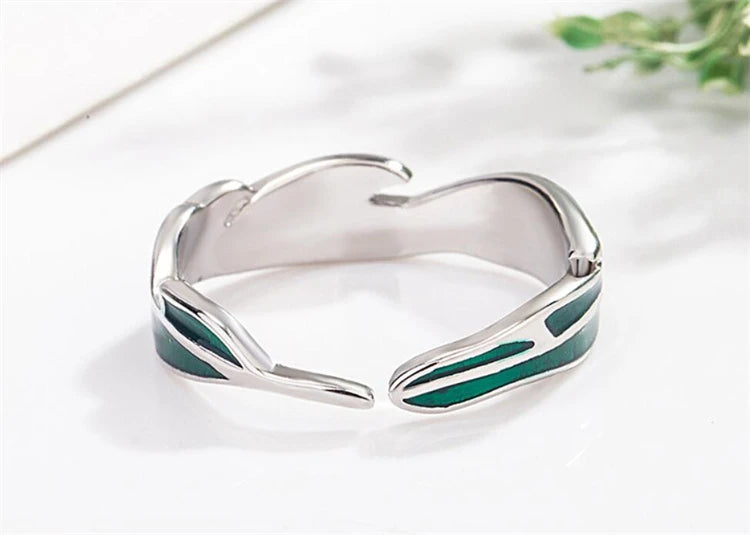 Sole Memory Rainforest Plantain Leaves Green Cool Sweet Romantic Silver Color Female Resizable Opening Rings SRI414