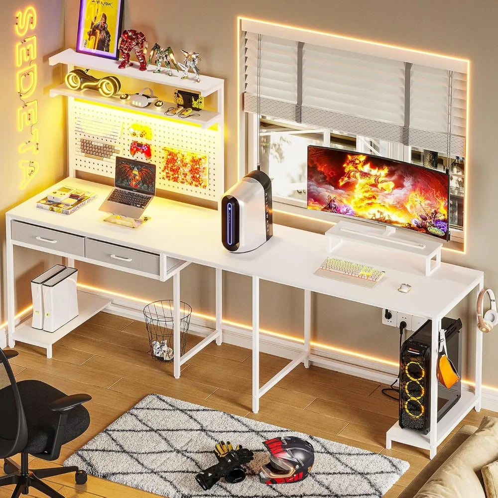 SEDETA L Shaped Gaming Desk with LED Lights, Pegboard and Drawers, Gaming with Hutch, Computer with Monitor Stand,