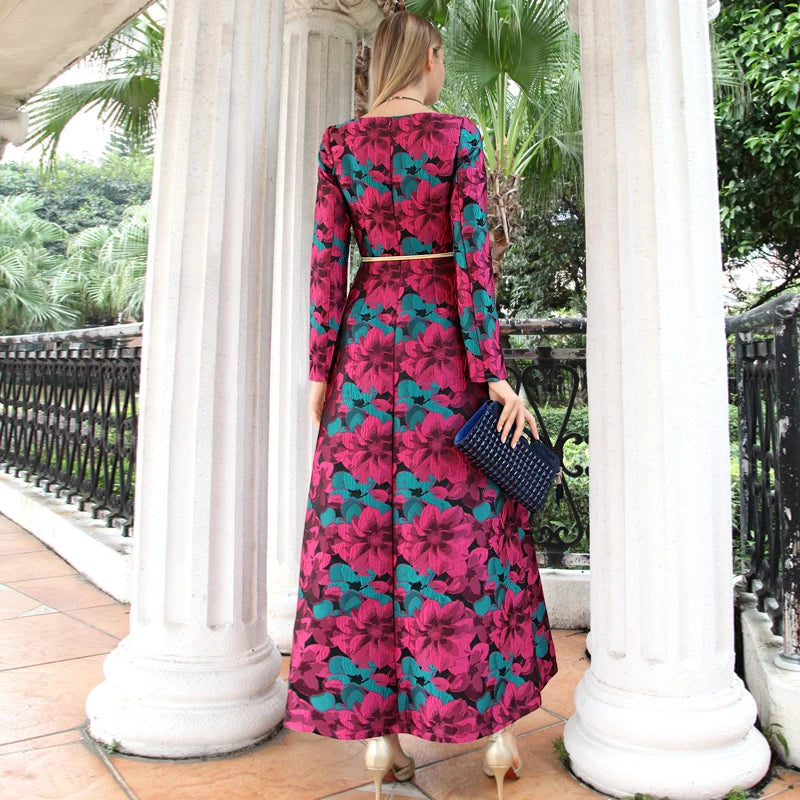 Women Long Sleeve Long Maxi Autumn Winter Dress Elegant Boho Fashion Good QualityFloral Jacquard Vintage Dress