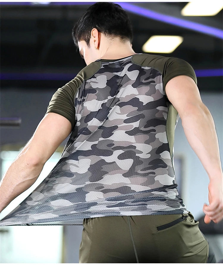 Personalized Men's Camouflage Sports T-Shirts Quick Dry Fitness Gym Short Sleeve Running Shirt Stretch Workout Tops Rashguard