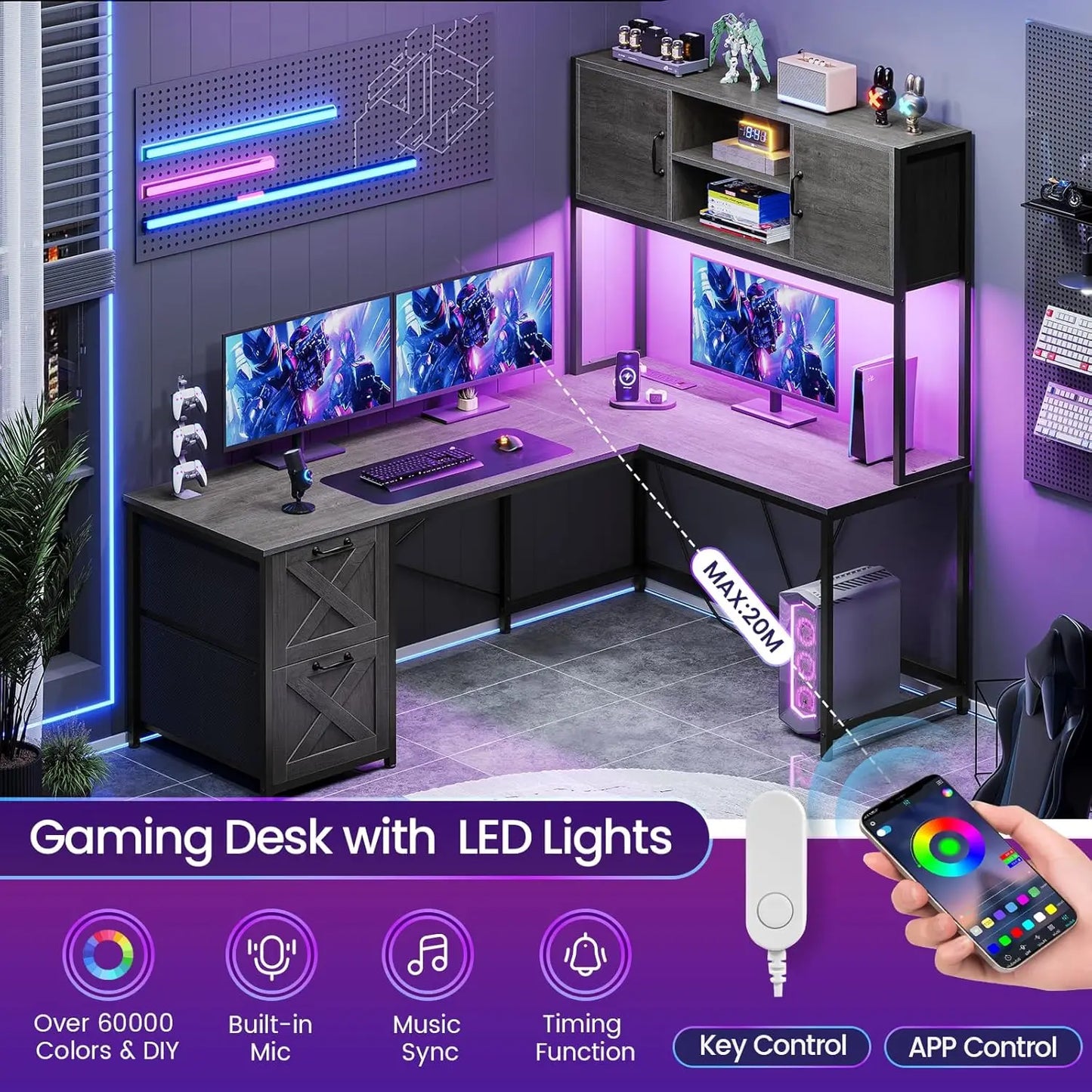 SEDETA L Shaped Gaming Desk, Reversible Computer Desk with Fabric Drawers and Power Outlet, Gaming Desk with Led Lights,