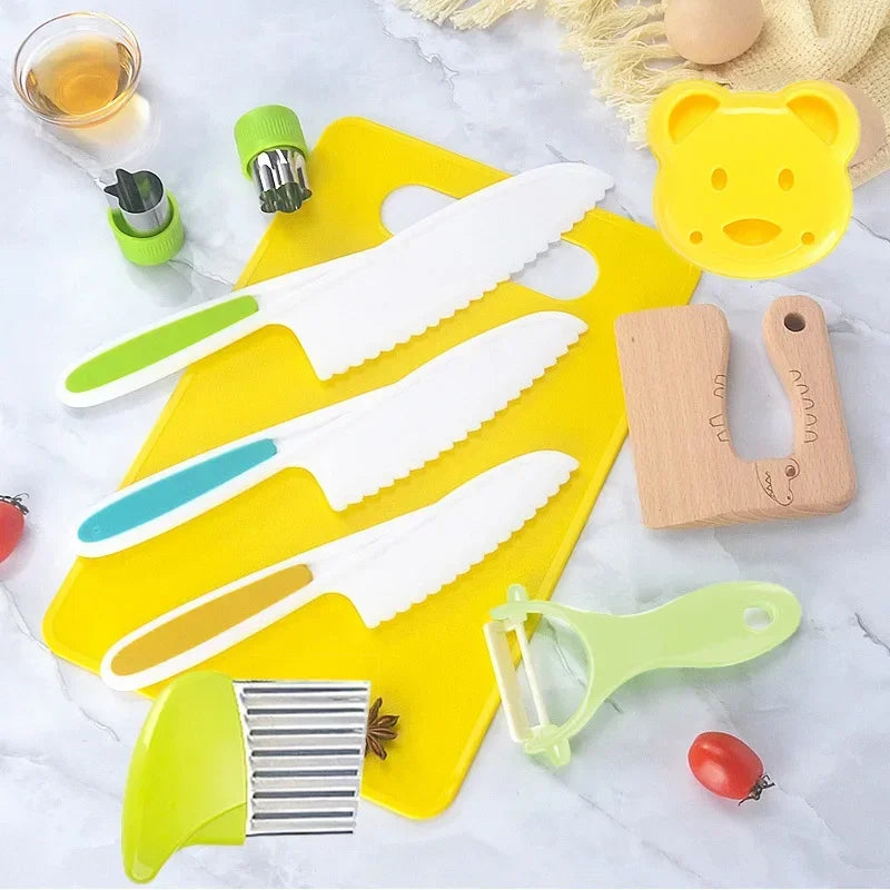 11/13/17 Pcs Serrated Edges Kids Knives Fruit Vegetable Crinkle Cutters Kids Knife Set Board Toddler Knife Peeler Kitchen Tools