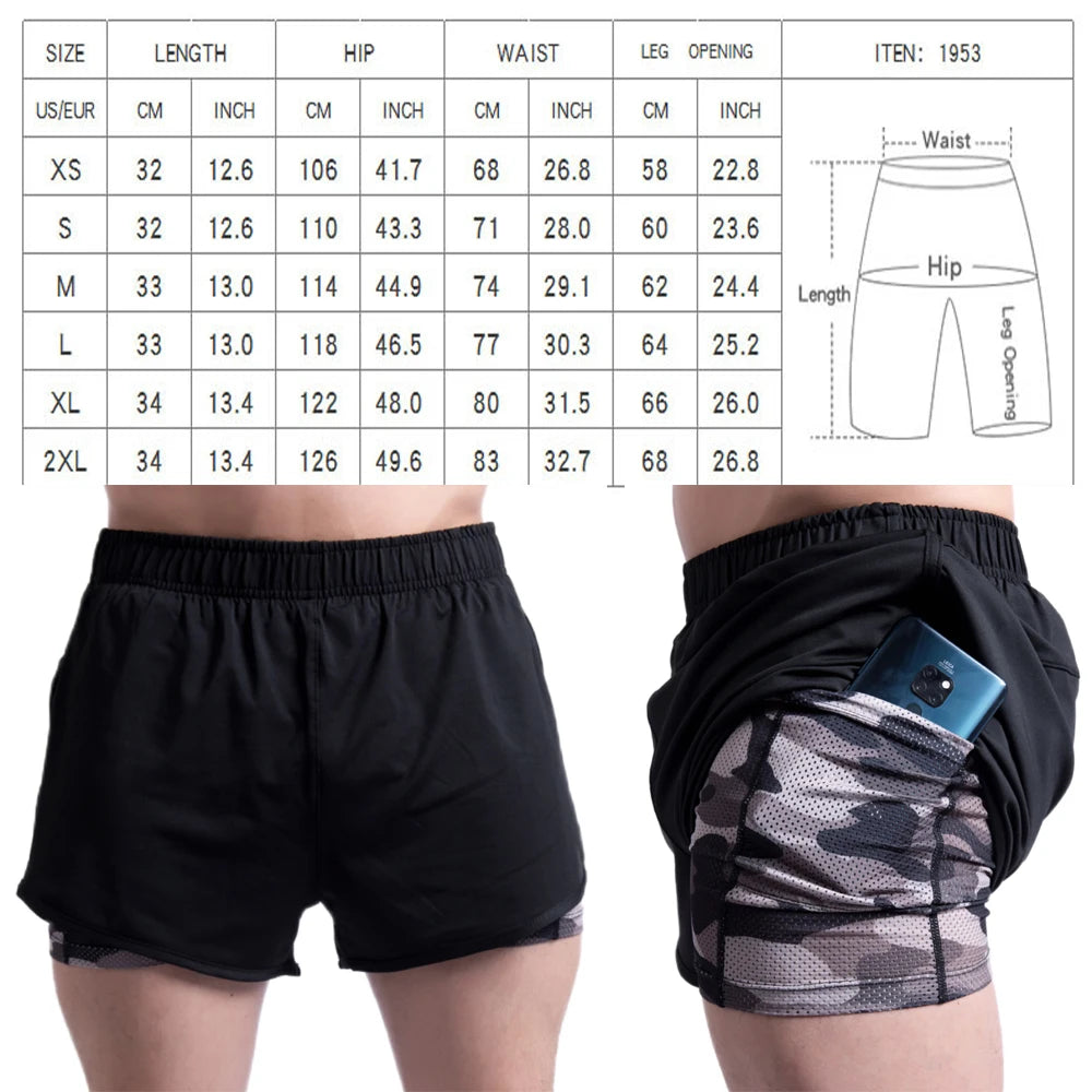 2in1 Marathon Running Men's Shorts Camouflage Tights Inside Pocket Summer Training Quick Dry Sportswear Gym Muscle Workout