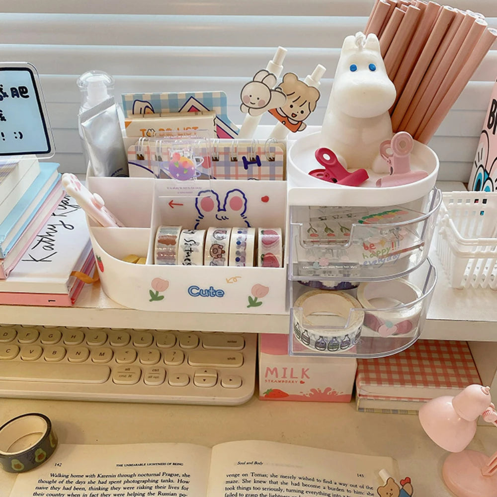 Creative Desktop Storage Box Organizer Plastic Drawer Transparent Kawaii Ins Multifunction Student Pen Holder Organizer Box Cute