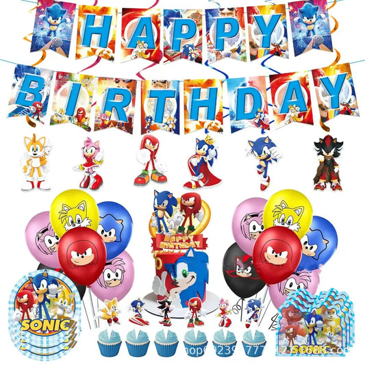 Sonic Boy Birthday Party Tableware Tray Paper Towel Balloon Decoration Supplies Tablecloth Gift Bag Cosplay Balloon Watermelon