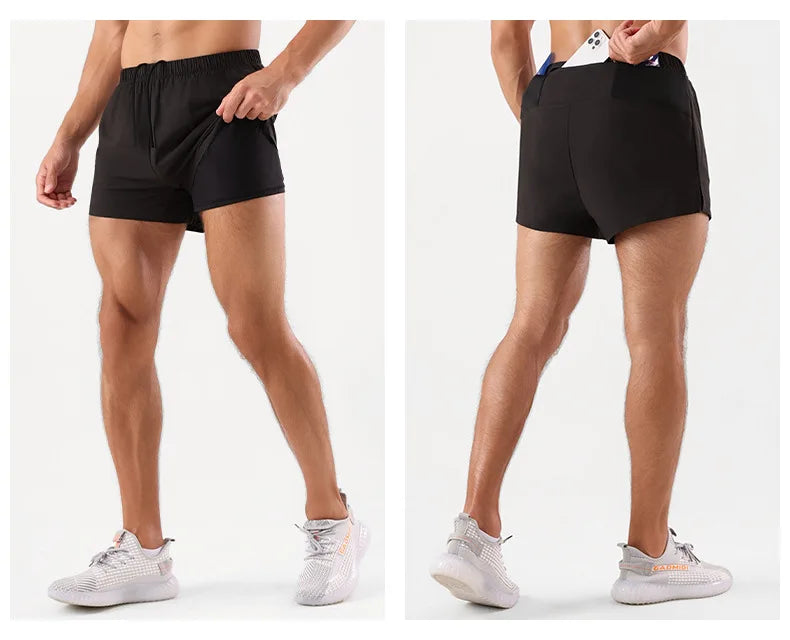 Men's Running Shorts Quick-drying Fitness Black Double Layer Shorts Men Pocket Sport Workout Training Bodybuilding Short Pants