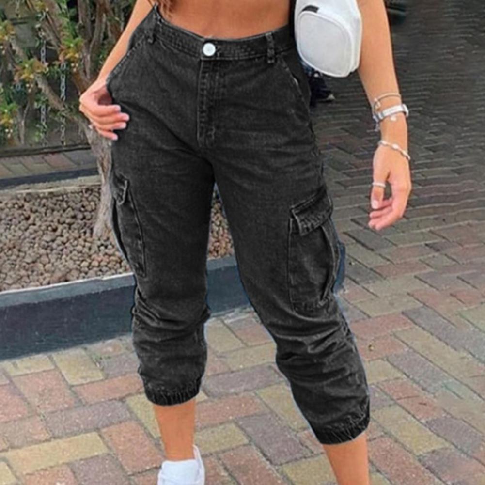 y2k Women Denim Cargo Pants Ninth Jeans Multi Pockets High Waist Ankle-banded Summer Casual Ninth Trousers calça jeans feminina