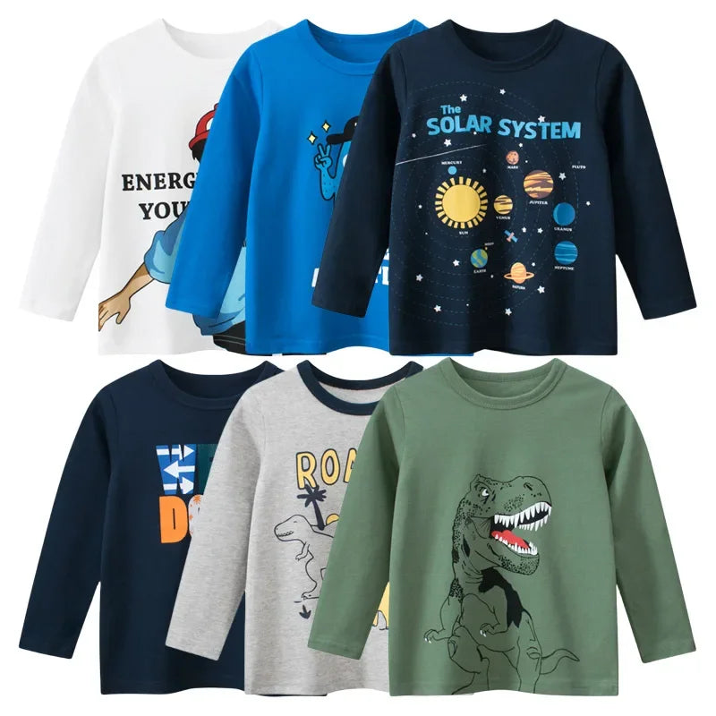 Cartoon Space T-Shirt for Boys Girls 2024 Brand Children's Clothing Autumn New Kids Bottoming Shirts Long Sleeve Cotton Tops Tee