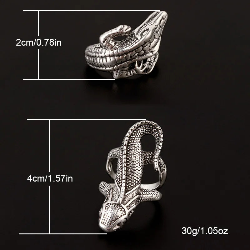 2Pcs/Set Mens Punk Ring Stainless Steel Lizard Crocodile Personality Hip Hop Street Fashion Jewelry Size 8-11