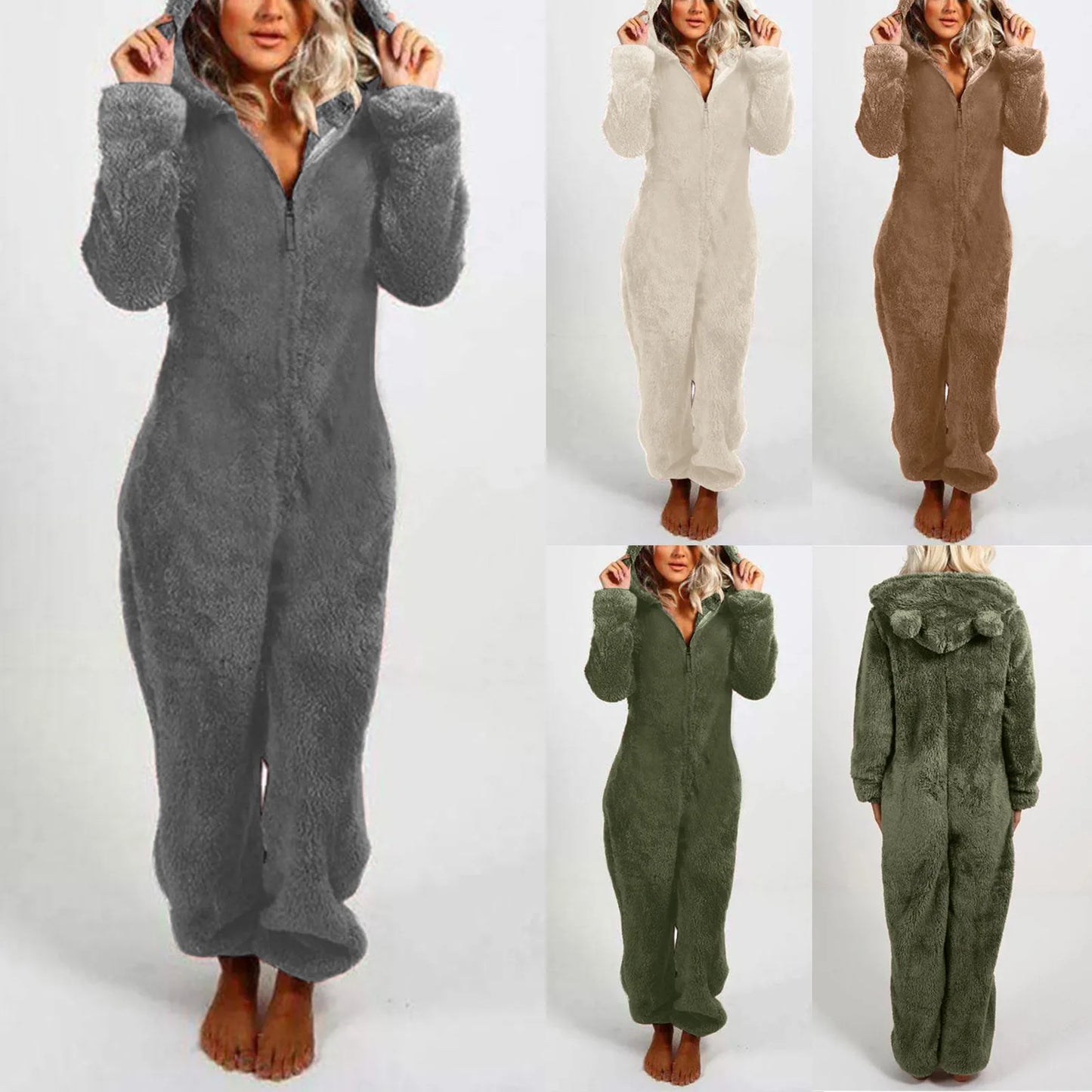 Winter Warm Pyjamas Women Onesies Fluffy Fleece Jumpsuit Sleepwear Overall Hood Sets Overall Plus Size Hood Adult Warmer Overcot