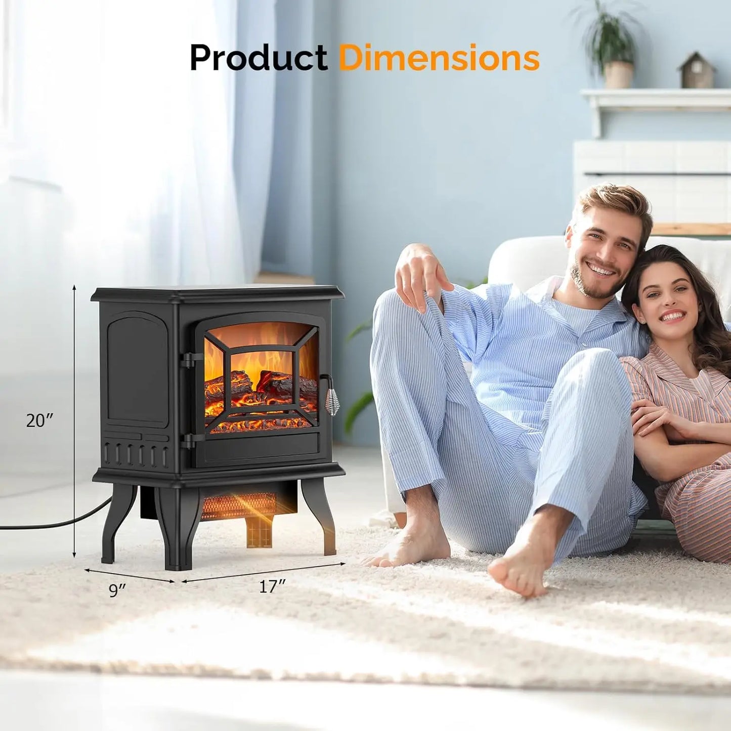 20" H Electric Fireplace Stove Space Heater, 1400W Portable Freestanding with Thermostat, Realistic Flame Logs