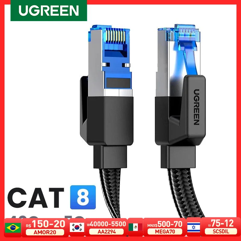 UGREEN Ethernet Cable CAT8 40Gbps Cotton Braided PVC Network Lan Cord for PC Modem Laptop PS 5/4 Router RJ45 Cable Ethernet