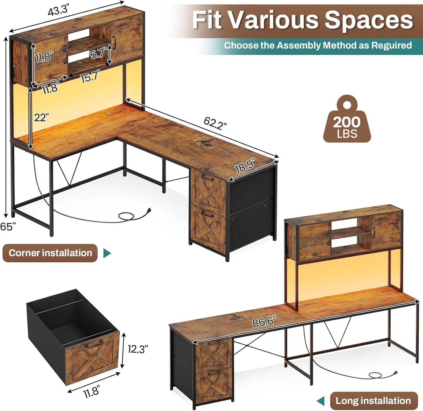 SEDETA L Shaped Gaming Desk, Reversible Computer Desk with Fabric Drawers and Power Outlet, Gaming Desk with Led Lights,