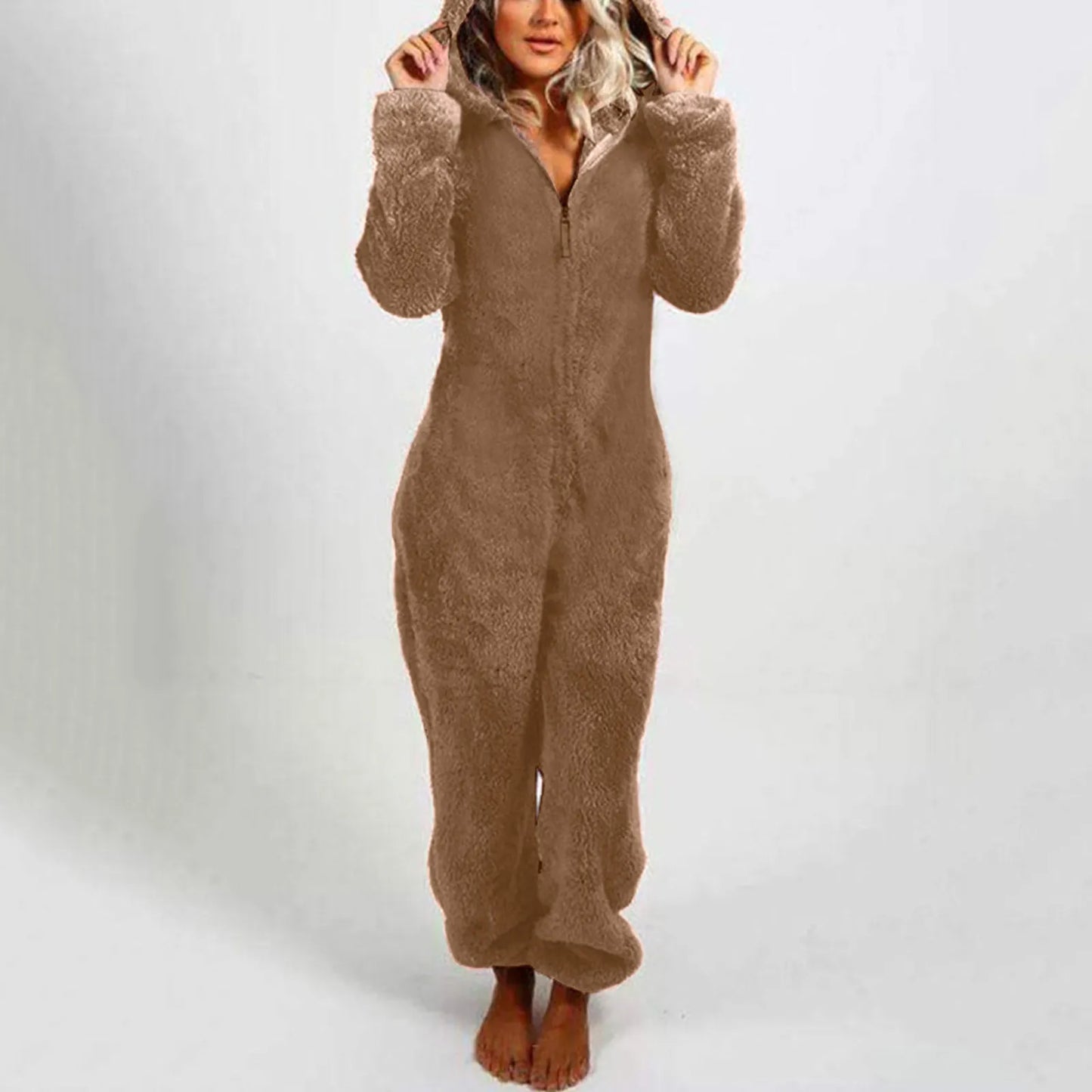 Winter Warm Pyjamas Women Onesies Fluffy Fleece Jumpsuit Sleepwear Overall Hood Sets Overall Plus Size Hood Adult Warmer Overcot