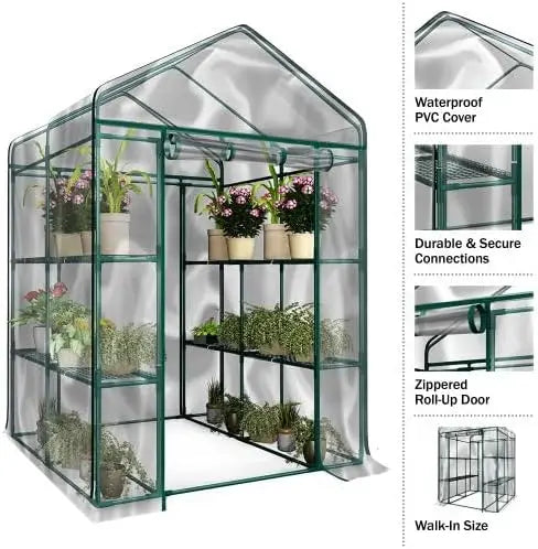 Greenhouse - Walk in Greenhouse with 8 Sturdy Shelves and PVC Cover for Indoor or Outdoor Use  gardening tools and equipment