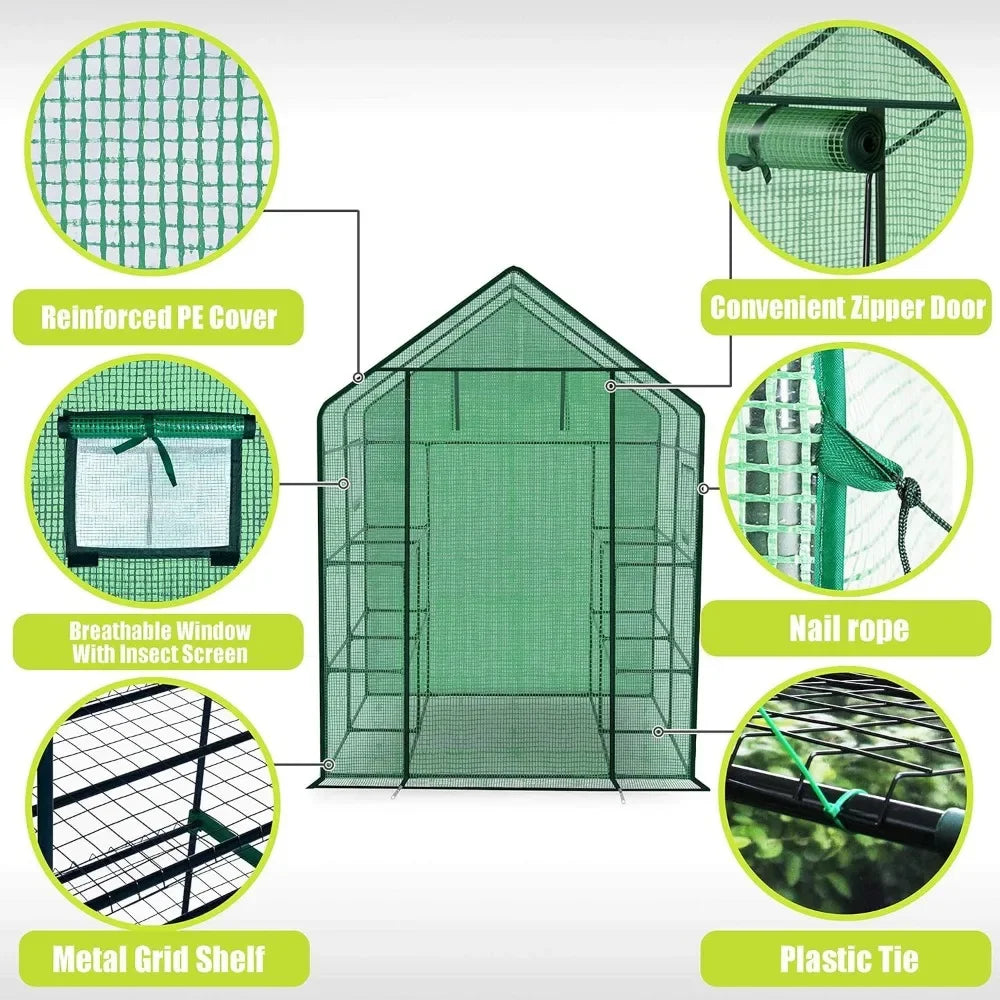 Polyethylene Reinforced Walk-in Greenhouse with Window,Plant Gardening Green House 2 Tiers and 8 Shelves,L56.5 x W56.5 x H76.5