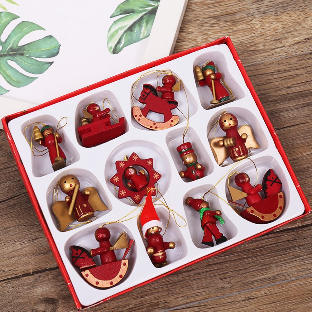 12pcs /set Christmas Wooden Miniature Ornaments Christmas Tree Hanging Pendants New Year Gift Toy For Kid Home Party Decor