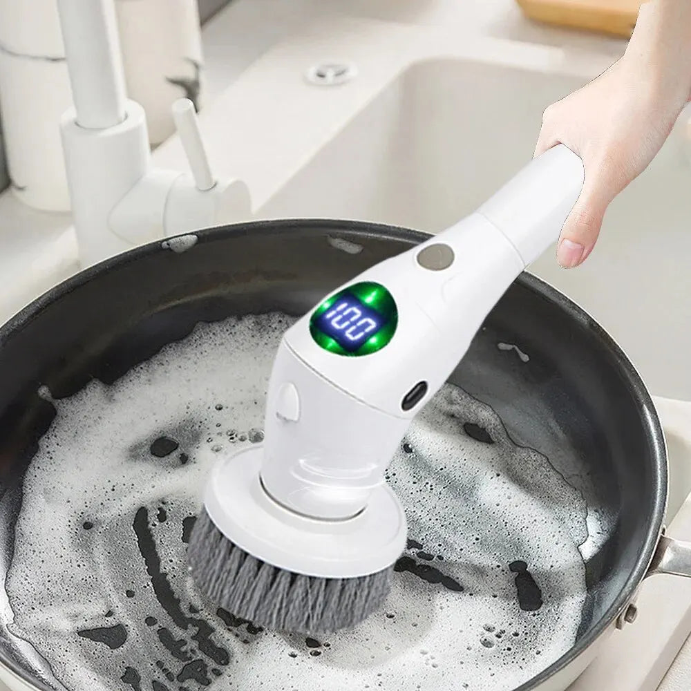 8 In 1 Household Electric Cleaning Brush Power Spin Scrubber LCD Screen LED Light For Kitchen Bathroom Toilet Cleaning Tool