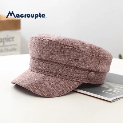 Women's Hat Flat Cap Military Cap Spring Autumn Linen Octagonal Cap Solid Color Flat Top Military Hats Young Student Hat Female