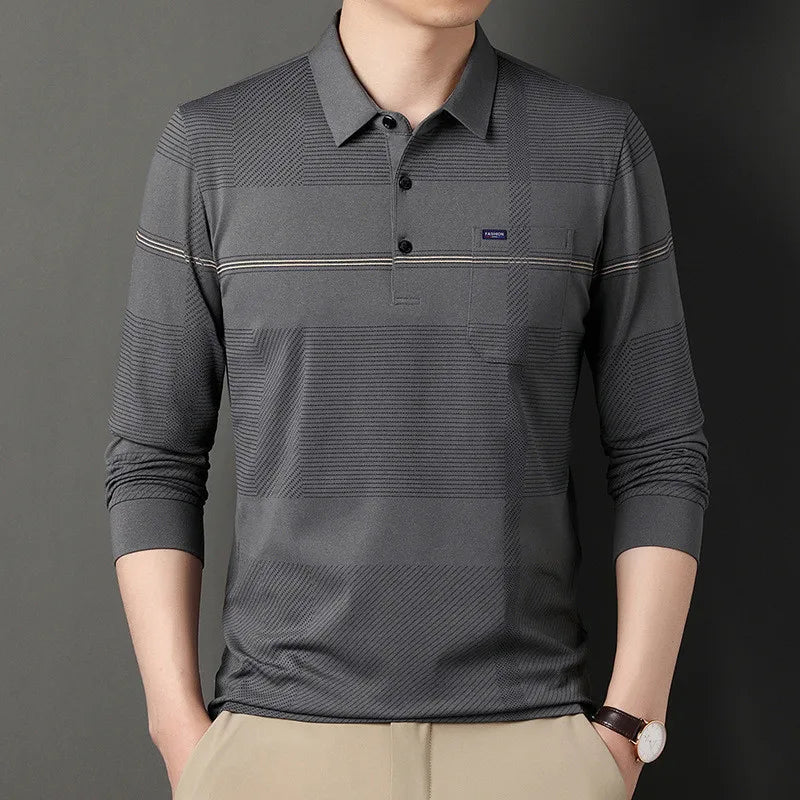 2023 New Fashion Polo Shirt Brand Solid Striped Graphic T-shirt Long Sleeve Autumn and Spring Clothing Men's Korean Polo Shirt