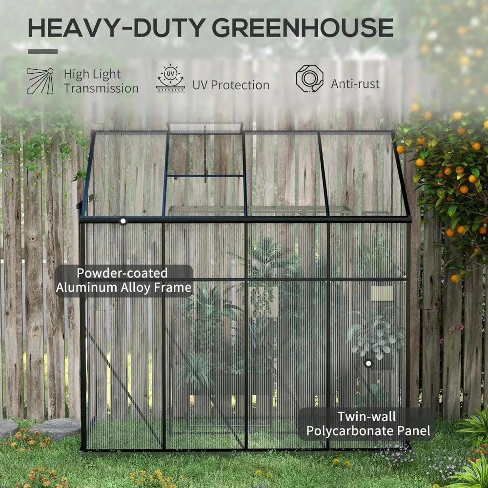 8' x 4' Lean-to Polycarbonate Greenhouse, Walk-in Hobby Green House with Sliding Door, 5-Level Roof Vent