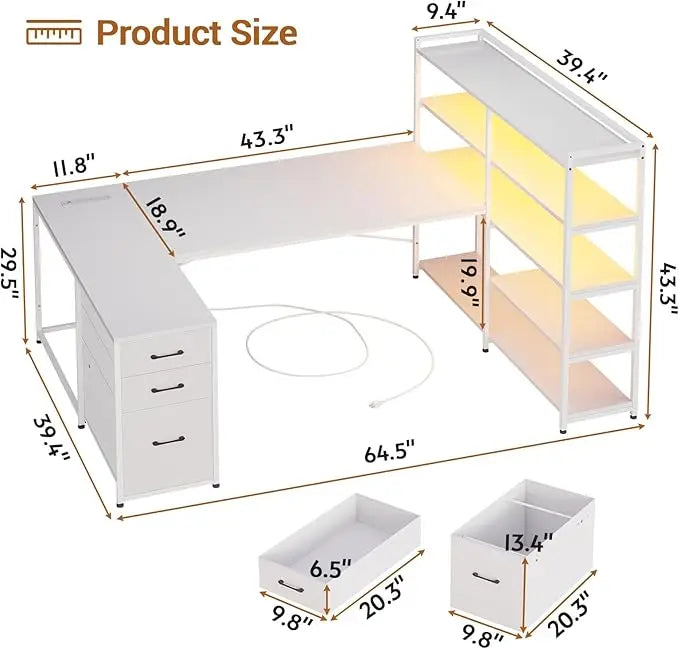 Shaped Desk with Storage Shelves 64.5" Reversible U Shaped Office Desk with 3 Fabric Drawers Gaming Desk