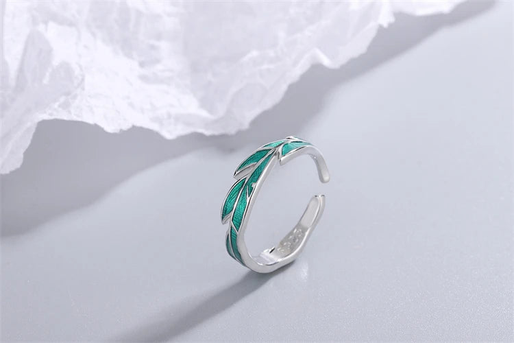 Sole Memory Rainforest Plantain Leaves Green Cool Sweet Romantic Silver Color Female Resizable Opening Rings SRI414