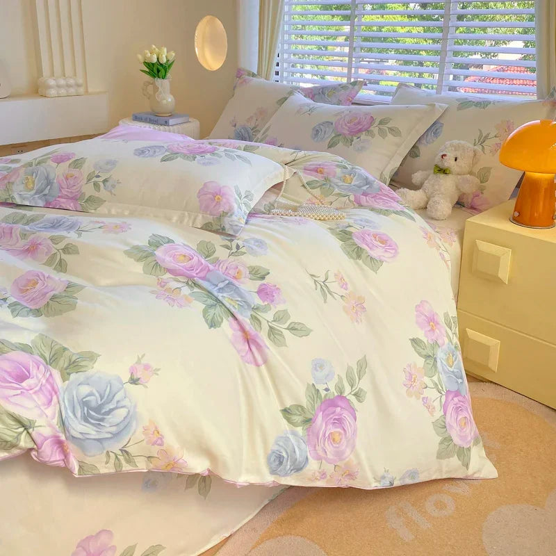 100% Cotton Pink Romantic Rose Duvet Cover Classic Pastoral Flower Theme Girl Woman Children Bedroom Queen Soft Comforter Cover